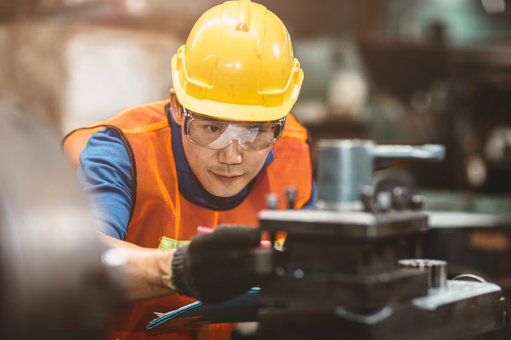 Engineer Worker Wearing Safety Suit Helmet And Eye